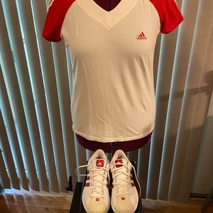 Adidas Red/ White shell top sneakers and T-shirt.